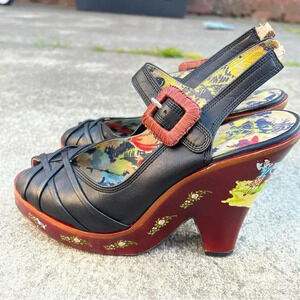 Miss L-Fire Rockabilly Brown Leather Wood
Heel Platform Sandals RARE